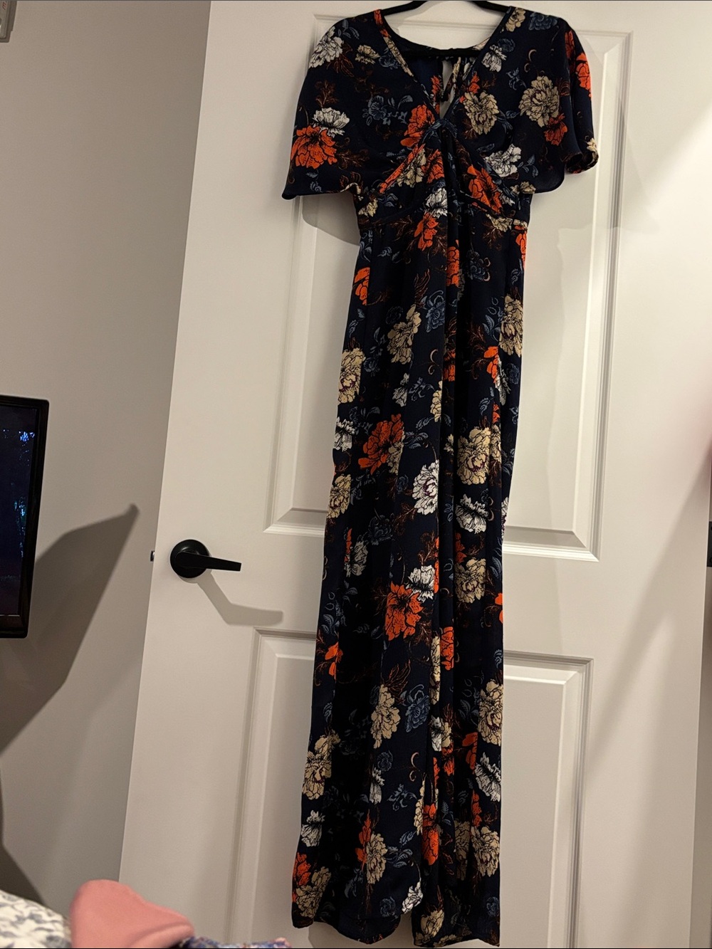 Flying Tomato Navy Floral Jumpsuit with Orange and Cream Flowers